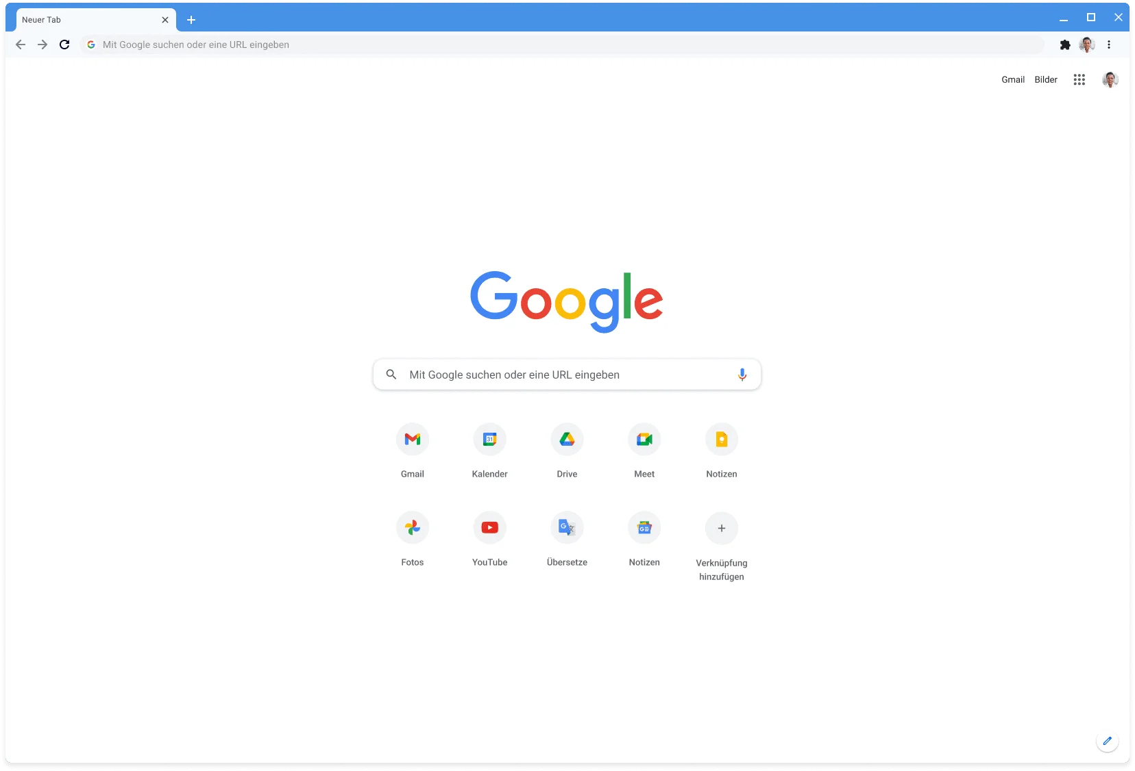 Chrome-Browserfenster mit Google.com, im klassischen Design.