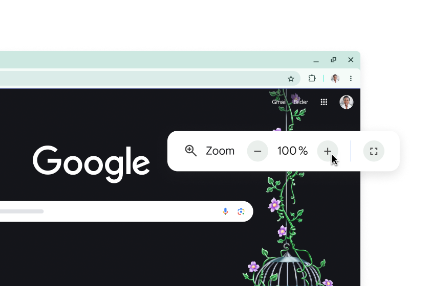 Die Google-Startseite und ein Pop-up-Fenster, in dem der Zoom auf 100 % eingestellt ist