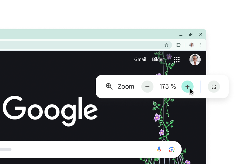 Die Google-Startseite mit vergrößerten Elementen und ein Pop-up-Fenster, in dem der Zoom auf 175 % eingestellt ist