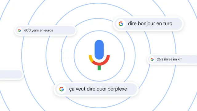 Un micro entouré de différentes recherches vocales.