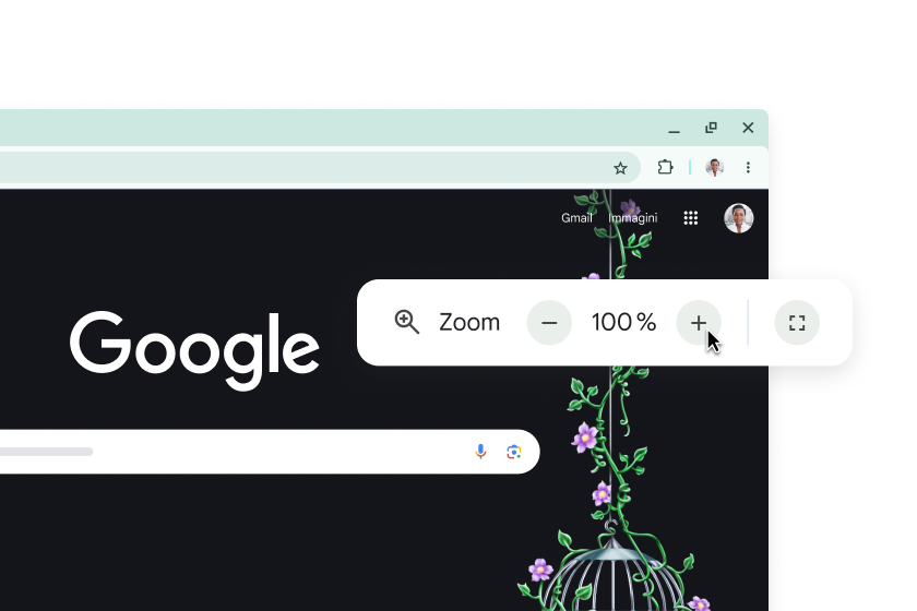 La home page di Google e un popup con il livello di zoom impostato su 100%