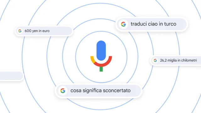 Un microfono circondato da diverse ricerche vocali.