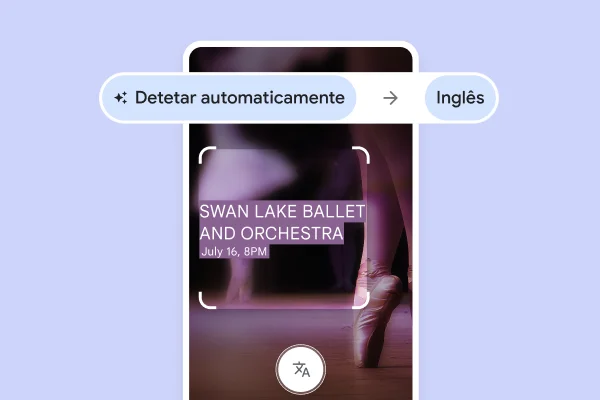 Um Website com sapatilhas de ballet em pontas com texto traduzido que indica 'Ballet e orquestra Lago dos Cisnes, 16 de julho, 20:00'