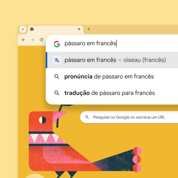 A página da Pesquisa Google com uma imagem de um pássaro e uma pesquisa por 'pássaro em francês' com o resultado 'oiseau'